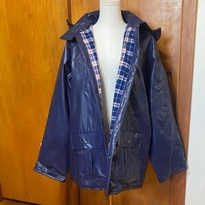 Unisex Navy Waterproof Raincoat Hooded Plaid Flannel Lining Excellent Condition